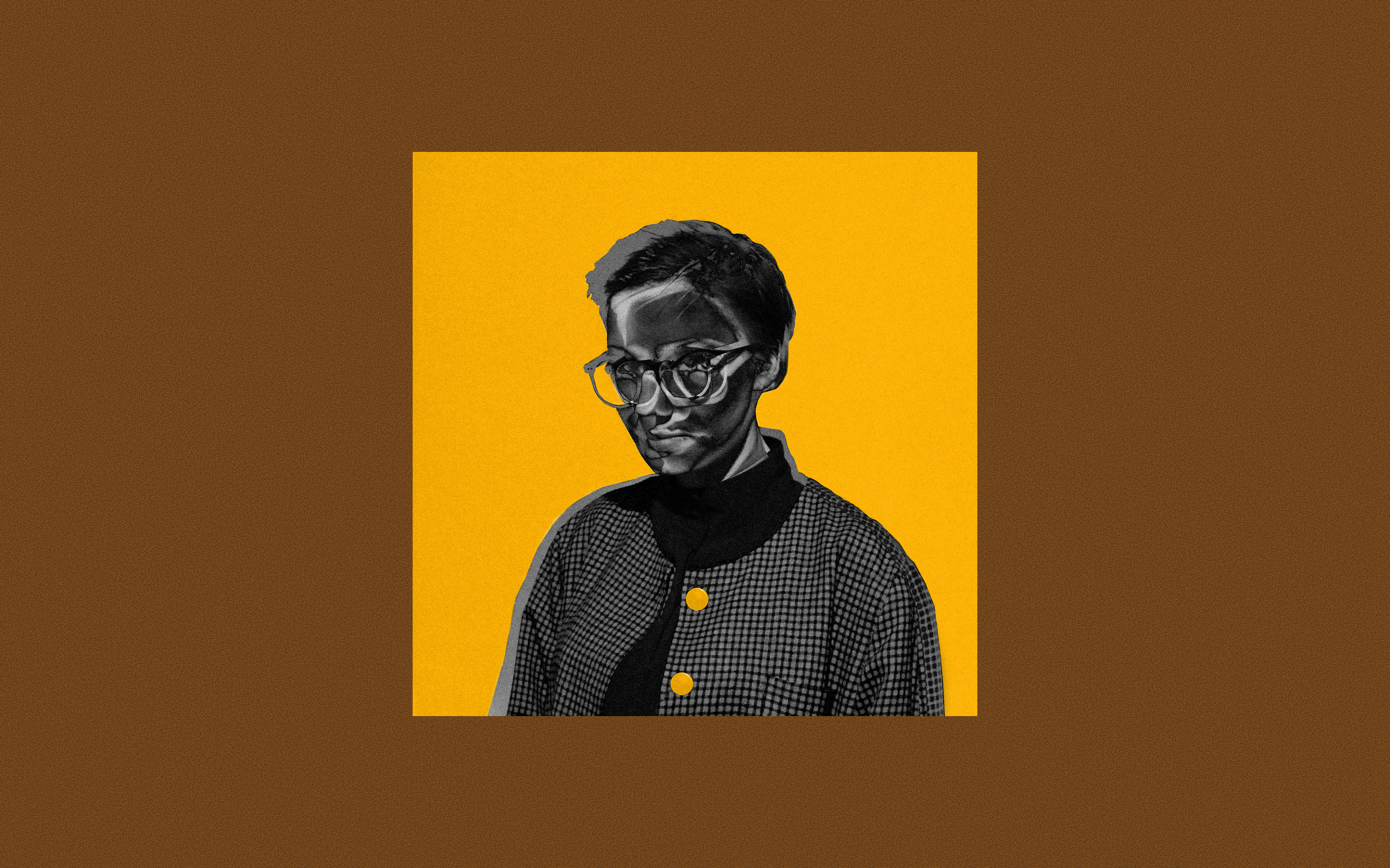 Black and white portrait of a person wearing glasses centered on a vivid yellow square, framed by a deep brown background. Clean and graphic.